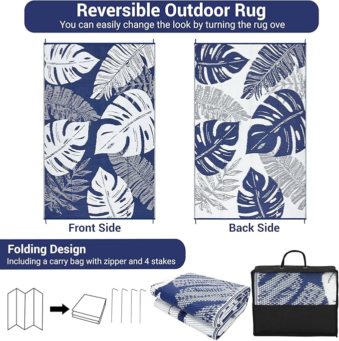 GAOMON Waterproof Plastic Straw Rug 9x12 Outdoor Patio Rugs, Reversible Modern Camping Mat with Bag & Stakes, UV Resistant & Easy to Clean Outdoor Carpet for RV, Deck, Balcony, Blue