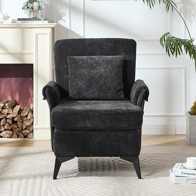 KCC Mid-Century Accent Chairs Set of 2,Chenille Modern Upholstered Single Sofa,Cozy Armchair with Back for Bedroom/Office/Cafe,Black