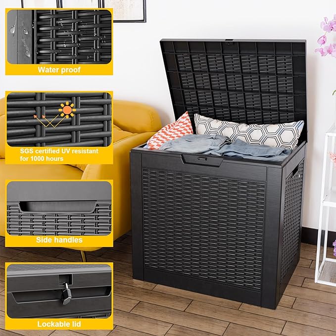 Deck Box Large Outdoor Storage for Patio Furniture,Outdoor Cushions,Garden Tools,Picnic Supplies and Pool Supplies,Waterproof,Resin,Lockable (Black, 31 Gal)