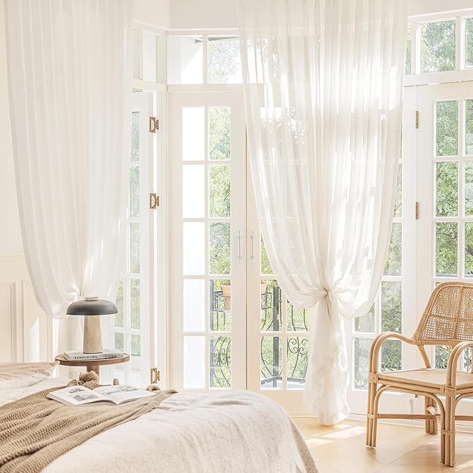 FMFUNCTEX Linen Sheer Curtains for Bedroom, Beige Curtains 63 Inch Length Short Light Filtering Draperies for Living Room, Natural Cream White Light Filtering Farmhouse Curtain Grommet Top 2 Panels