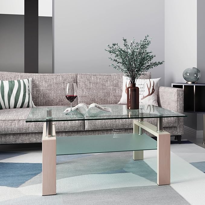 Glass Coffee Table Rectangle Living Room Center Table, 39inch Transparent Tempered Glass Tabletop and Beige Wood Grain Metal Legs, Beige + Clear Glass