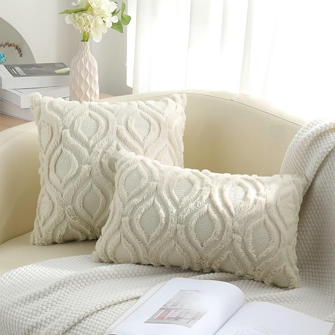 decorUhome Fall Throw Pillow Covers 22x22 Inch Set of 2, Soft Plush Decorative Faux Fur Beige Solid Couch Pillow Covers, Accent Farmhouse Neutral Square Euro Pillow Cases for Sofa Bed Living Room