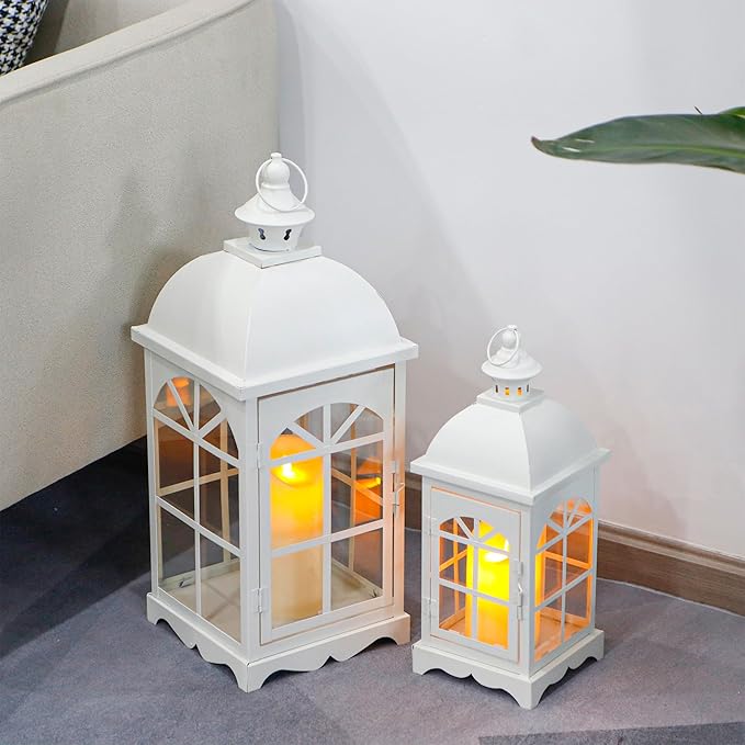 TRIROCKS Set of 2 Decorative Vintage Candle Lanterns 14.5"&20" H Farmhouse Outdoor Hanging Lanterns with Tempered Glass for Porch, Balcony, Patio, Home, Centerpieces, Indoor, Outdoor(White)