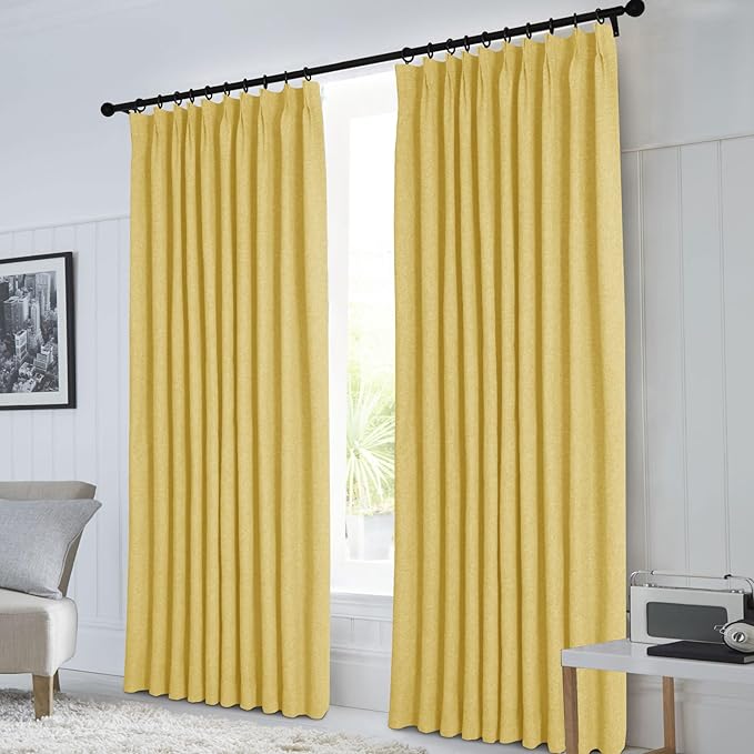 Macochico 100% Blackout Pinch Pleated Linen Curtains 84 Inch Length Thermal Blackout Curtains for Bedroom Living Room Nursery Yellow Farmhouse Burlap Curtains with Tieback 52”Wx84”L 1 Panel
