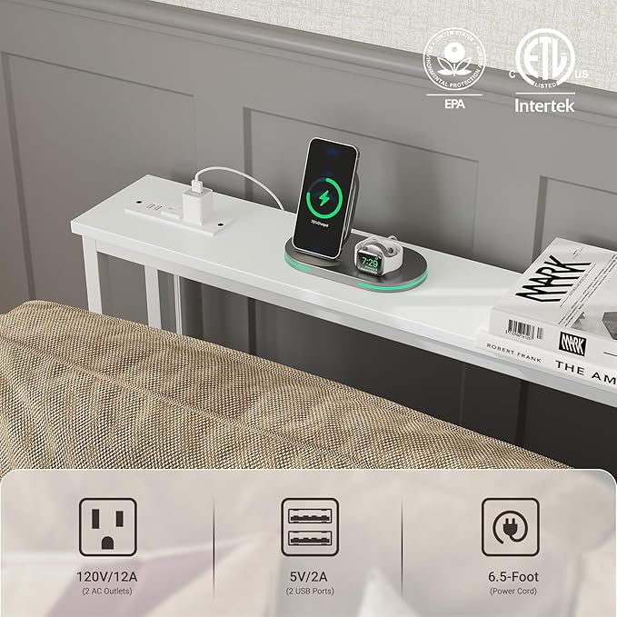 ELYKEN 2 Pack 5.9" Narrow Console Sofa Table with Power Outlets, 5.9" Dx39.4 Wx31.1 H Long Couch Table with Metal Frame and Charge Station with 6.5’ Extension Cord, White