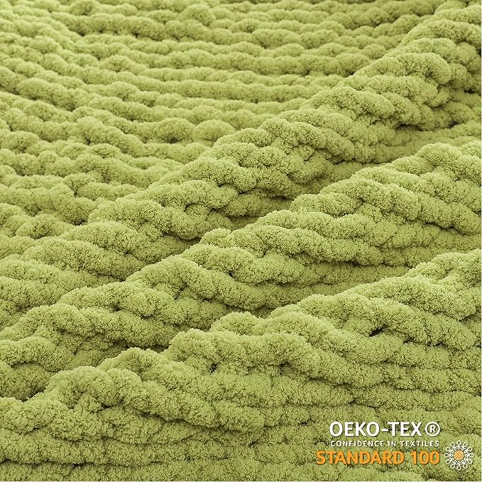 WESHIONGOO Chunky Knit Blanket Throw Knitted Throw Blankets for Couch Bed Fluffy Soft Blanket with Jumbo Chenille Yarn Thick 100% Handmade (Lime Green, 40"×40")