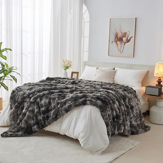Lotus Karen Faux Fur Blanket Tie-Dye Dark Gray Twin Size - Big Bubble Rabbit Fluff Throw for Couch Small Fluffy Fuzzy Cozy Thick Furry Plush Shaggy Blankets 90x90 Inches