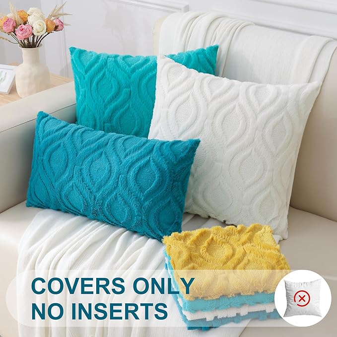 decorUhome Fall Throw Pillow Covers 18x18 Inch Set of 2, Soft Plush Decorative Faux Fur Turquoise Solid Couch Pillow Covers, Accent Farmhouse Neutral Square Euro Pillow Cases for Sofa Bed Living Room