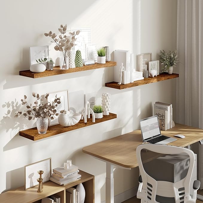 BAMEOS Floating Shelves,40 in W x 8in D Wall Mounted Wooden Shelves with Invisible Brackets Set of 3, Hanging Wall Shelves Decoration for Bedroom, Bathroom, Living Room and Kitchen