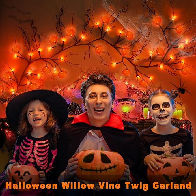 [ 8 Modes & Timer ] Halloween Willow Vine Twig Decor Garland with Pumpkins, 6 FT 54 LED Battery Operated for Indoor Halloween Decorations Home Mantle Fireplace