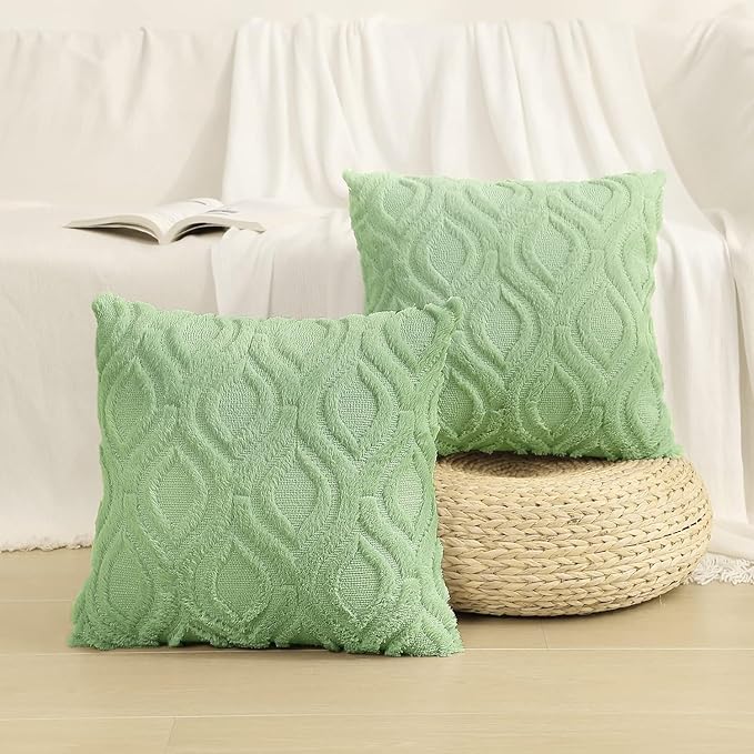 decorUhome Throw Pillow Covers 26x26 Inch Set of 2, Soft Plush Decorative Faux Fur Sage Green Solid Couch Pillow Covers, Accent Farmhouse Neutral Square Euro Pillow Cases for Sofa Bed Living Room