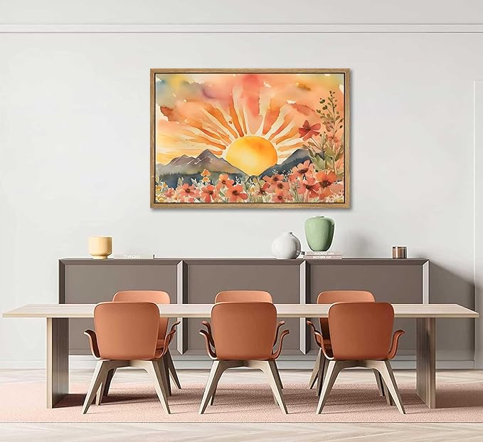 Framed Boho Sun Canvas Wall art Mid-Century Modern Abstract Bohemian Sunset in The Mountains Watercolor Wildflowers Sunrise Landscape Picture Wall Decor Poster Print Artwork for Living Room
