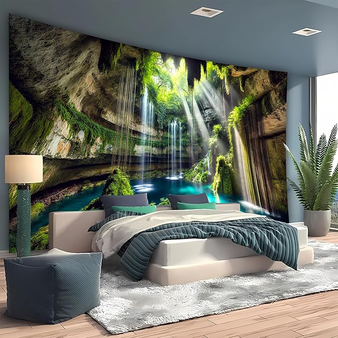 BSFHH Nature Tapestry Forest Tree Sea Cave Wall Hanging, Stream Through Rainforest Landscape Wall Art Tapestry for Bedroom Living room (Fall, 79"×59", Unframed)