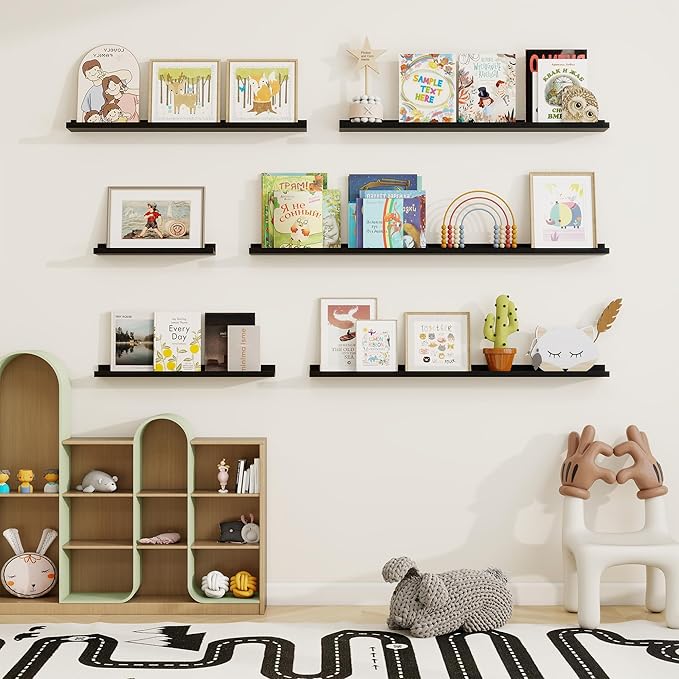 Picture Ledge Shelf, Solid Pine Wood Floating Shelves Set of 2, 48 Inches Nursery Book Shelves for Toys Storage, Kids Bookshelf Wall Mounted for Living Room Bedroom Decor Books Photo Frames, Black