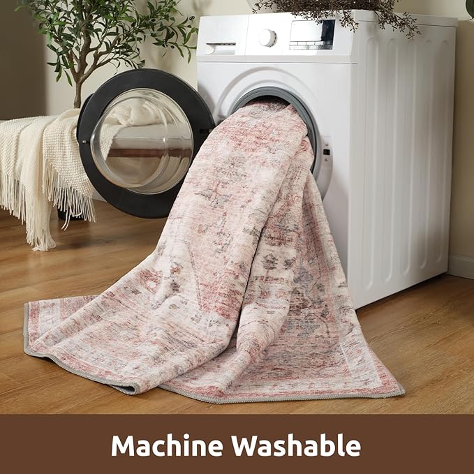 AMOAMI-3X5 Area Rug-Soft Washable Vintage Throw Accent Rugs for Living Room, Entryway, Bedroom, Kitchen, Bathroom, Laundry Room, Kitchen, Bathroom, Bedside, No Slip Pink