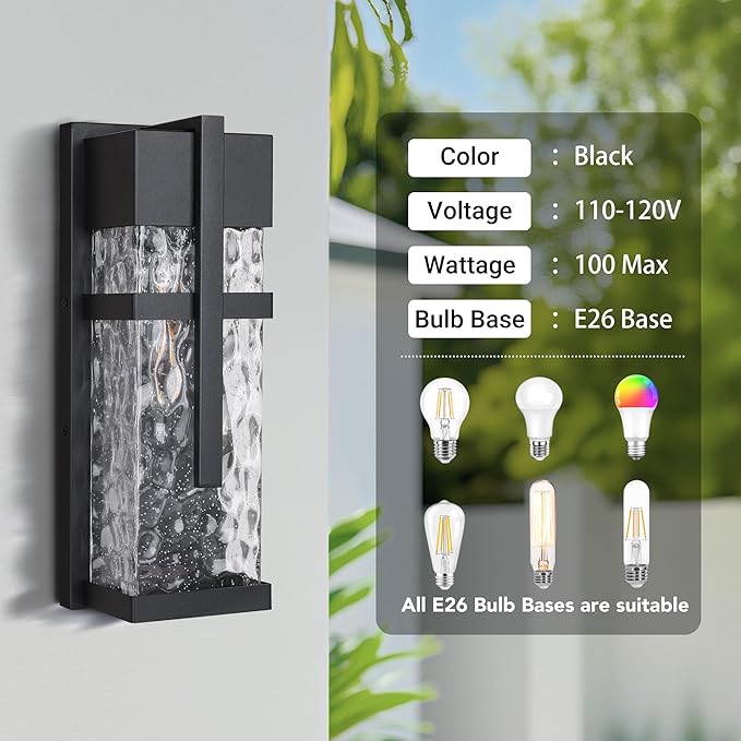 Hammered Glass Wall Lamp, Outdoor Light Fixtures, Exterior Wall Lantern for Porch with Waterproof, 2 Pack Wall Sconce Lighting, Wall Mount Light, Porch Light for Garage, Doorway, Patio(Bulb Included)