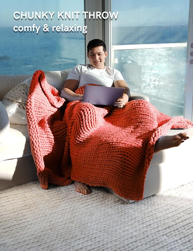 YnM Chunky Throw Blanket, Medium-Weight, Hand Knitted, Skin Friendly, Ventilated and Breathable, Machine Washable, Home Décor Piece for Couch, Sofa and Bed (Exotic Orange, 50x70 Inch)