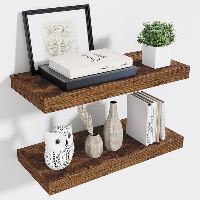 Fun Memories 24 Inch Floating Shelves Wall-Mounted, 10 Inch Deep Wall Shelves, 24 x 10 Floating Shelf for Living Room Bathroom Bedroom, Rustic Brown, Set of 2