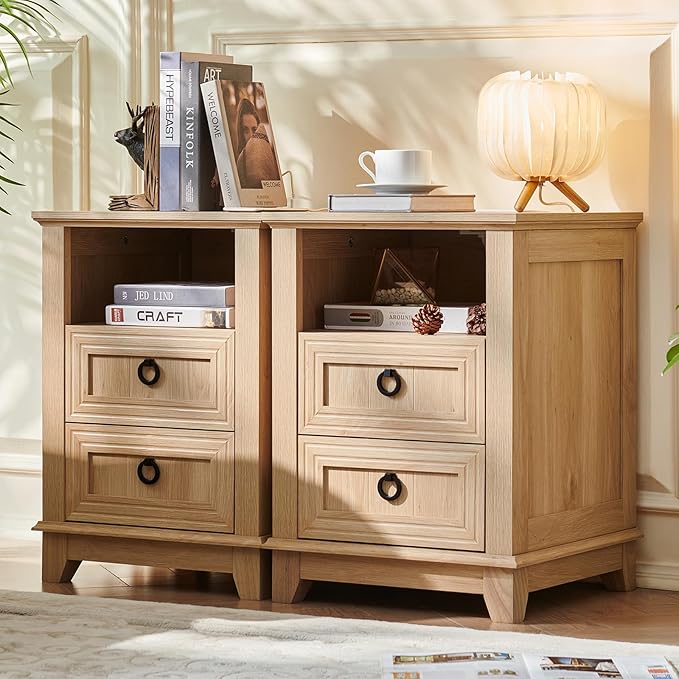 18" Farmhouse Night Stand with Charging Station, 2 Drawers Bedside End Table, Natural Wooden Nightstand, Bed Side Table Cabinet with Open Shelf for Bedroom Living Room Office