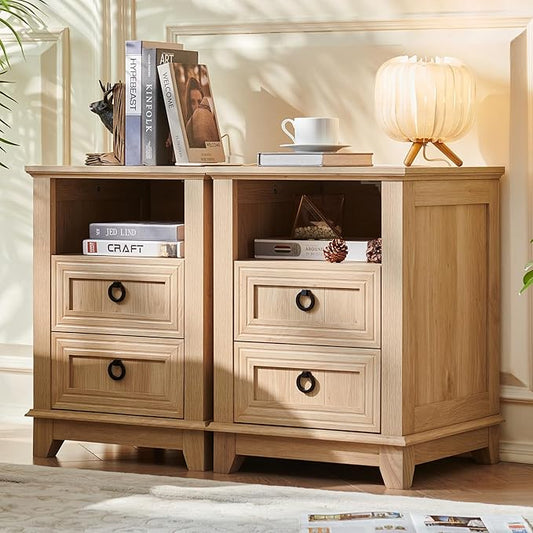 18" Farmhouse Night Stands Set of 2 with Charging Station, 2 Drawers Bedside End Table, Natural Wooden Nightstand, Bed Side Table Cabinet with Open Shelf for Bedroom Living Room Office