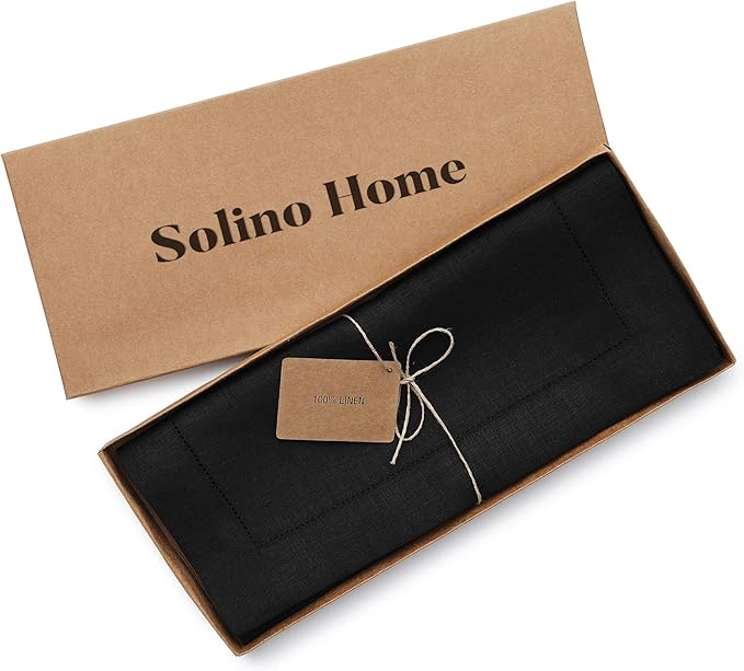 Solino Home Linen Black Table Runner 90 Inches Long - 100% Pure Linen Hemstitch 14 x 90 Inch Table Runner for Dining, Fall, Autumn, Halloween, Thanksgiving - Classic Hemstitch