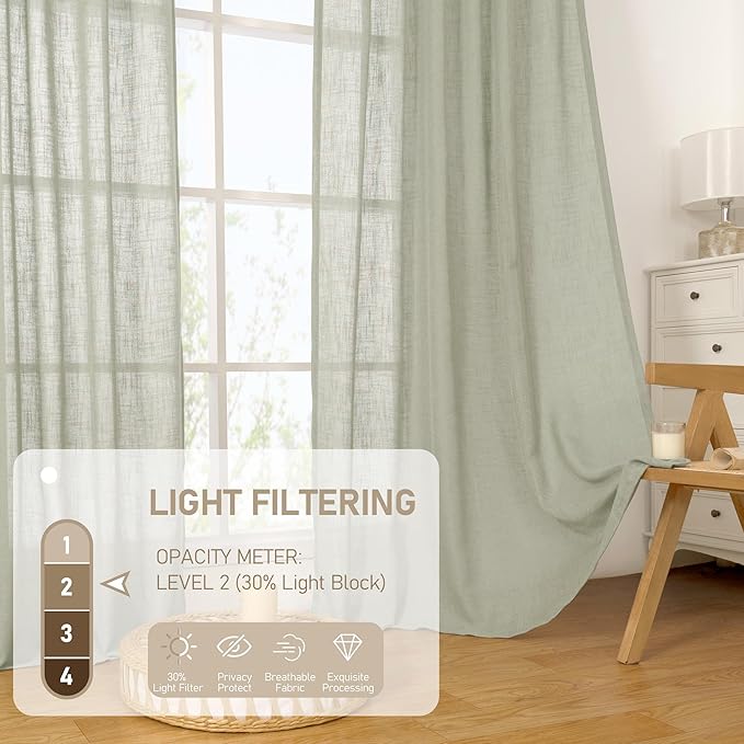 LAMIT 95 Inches Long Sheer Linen Curtains for Living Room 2 Panels, Light Filtering Country Rustic Drapes Farmhouse Window Treatment with Bronze Grommet for Bedroom, Sage Grey, 52 x 95 Inch