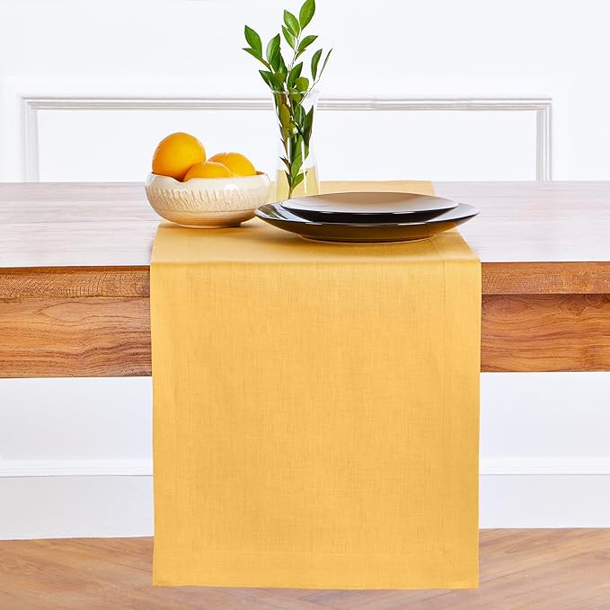 Solino Home Linen Table Runner 90 Inches Long - 100% Pure Linen Mustard Yellow Table Runner 14 x 90 Inch - Fete
