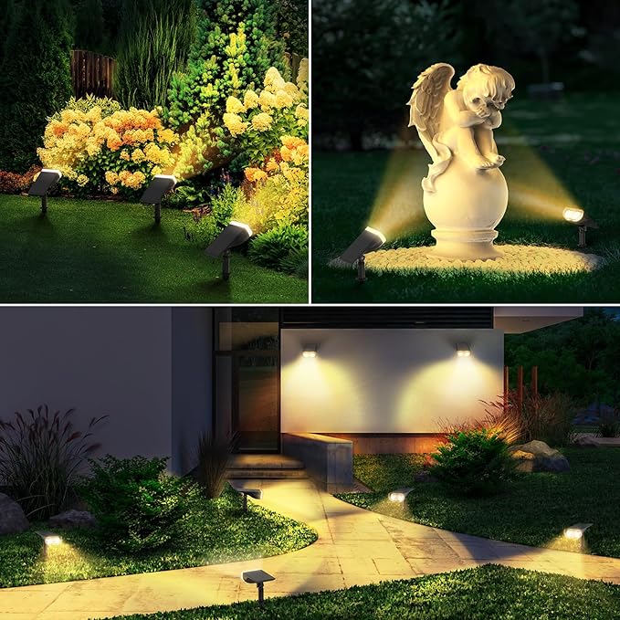 Linkind Solar Lights Outdoor Waterproof IP67, StarRay Dusk-to-Dawn Outdoor Solar Lights, 3 Lighting Modes Solar Spot Lights Outdoor for Garden, Yard, Landscape (Warm White, 4 Pack)