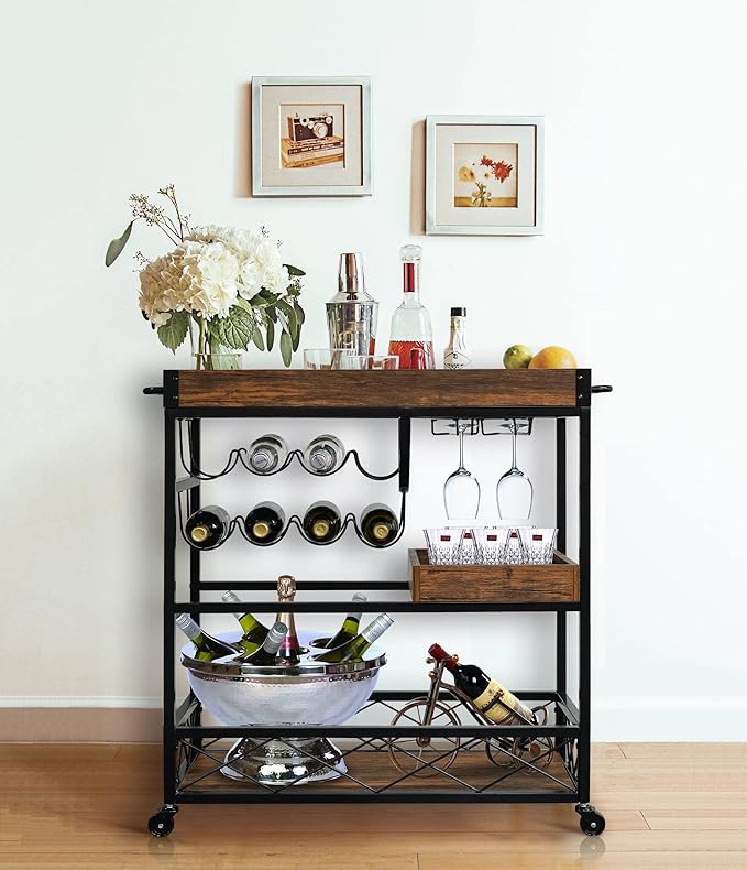 Bar Cart for The Home, 3 Tire Industrial Rolling Serving Cart on Lockable Wheels, Alcoholic Beverage Trolley with 2 Removable Trays, Wine Rack and Glass Holder for Indoor, Outdoor