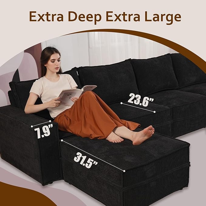 HOOOWOOO Modular Sectional Couch Sofa,125X69 U L Shaped Oversized Couch Sets Free Combination,6 Pieces Extra Deep Sofa with Ottoman for Living Room(Black Corduroy)