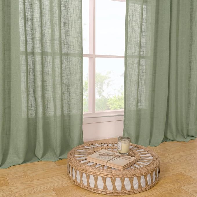 LAMIT Sage Green Linen Sheer Curtains 84 inch for Living Room, Linen Textured Light Filtering Drapes Bronze Grommet Boho Panels for Farmhouse/Living Room, 2 Panels, 52 x 84 Inch