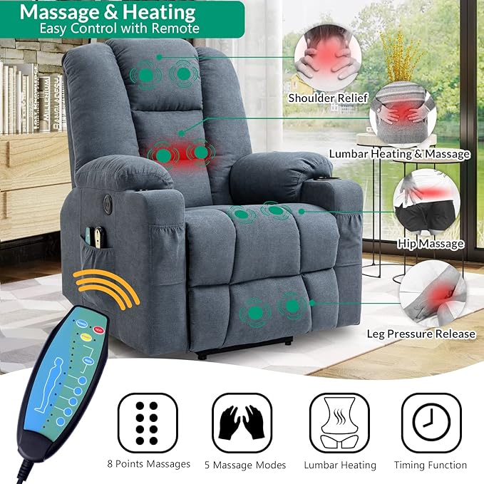 VIVIJASON Power Lift Chair Electric Recliner for Elderly Heated Vibration Massage Soft Fabric Recliner Chair with 2 Remote Controls, USB Ports, Side Pockets & Cup Holders for Living Room (Blue)
