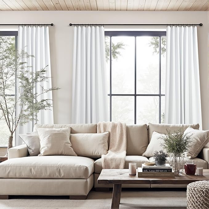 104 Inch Long Curtains White Linen Black Out Back Tab Pleated Blackout Curtain for Living Room Bedroom Teen Girls Thick Linen Lightweight Heat Draft Blocking Window Drapes Office Custom Length 2 Panel