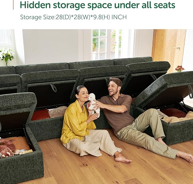 HONBAY Modular Sectional Couch with Storage Seats, L Shaped Sectional Sofa with Storage, Chenille Sectional Couches for Living Room, Green
