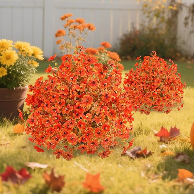 Set of 2 Artificial Fall Topiary Ball Flowers for Outdoor Decoration with Spike 20", UV Resistant Fake Autumn Floral Shrubs, Realistic Faux Bushes Plants for Garden,Yard,Porch and Patio Decor