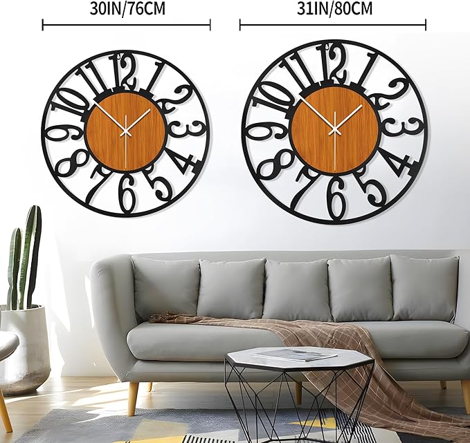 LEIKE 30" Oversized Large Wall Clocks,Silent,Non Ticking,Battery Operated Modern Round Big Wood Decorative Metal Wall Clock for Living Room, Bedroom,Kitchen,Farmhouse,Office Decor - Black,30 Inch