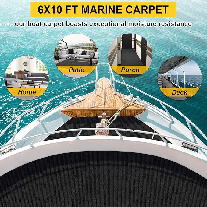 Marine Carpet - 6 FT x 10 FT Black Indoor Outdoor Rug (0.2" Thick) with Water-Proof TPE Backing, Non-Slip Outdoor Marine Carpet Roll for Home, Patio, Porch, Deck