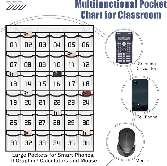 Loghot Classroom Accessories Closet Pocket Chart for Cell Phones Holder Wall Door Hanging Organizer (36 Pockets White)