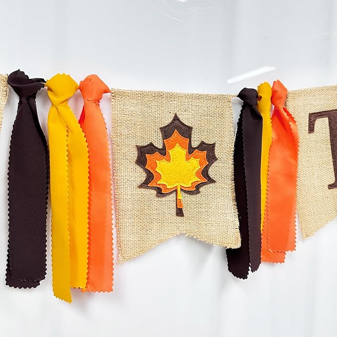 Thanksgiving Maple Leaf Burlap Pennant Banner Flag Felt Give Thanks Sign and Maple Leaf Pattern with Fall Color Ribbon for Thanksgiving Day Fall Autumn Harvest Birthday Party Decorations Supplies