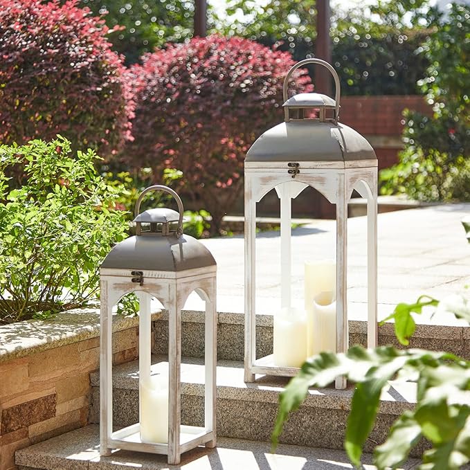Glitzhome Set of 2 Mondern Farmhouse Wood Metal Lanterns Decorative Candle Lanterns, White (No Glass)