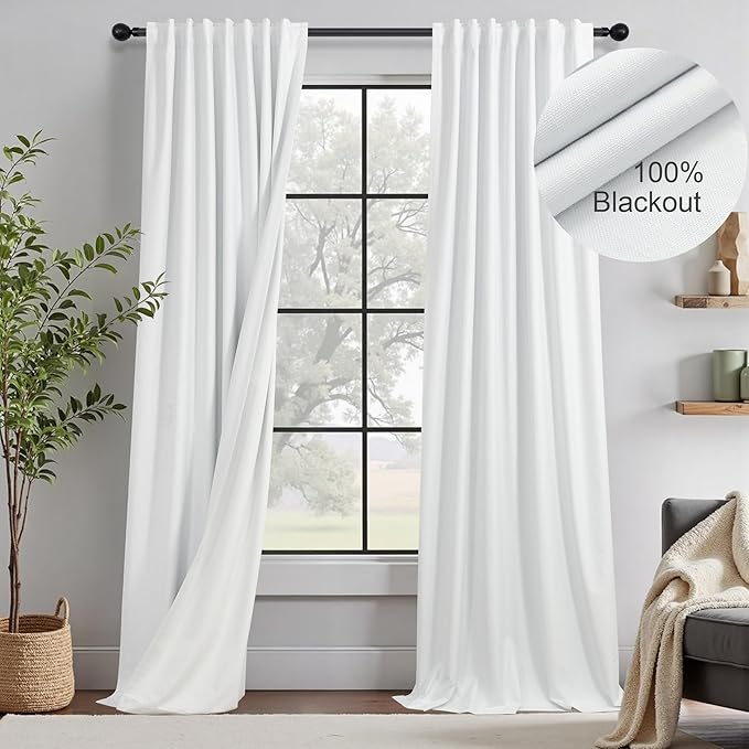 104 Inch Long Curtains White Linen Black Out Back Tab Pleated Blackout Curtain for Living Room Bedroom Teen Girls Thick Linen Lightweight Heat Draft Blocking Window Drapes Office Custom Length 2 Panel