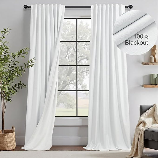 104 Inch Long Curtains White Linen Black Out Back Tab Pleated Blackout Curtain for Living Room Bedroom Teen Girls Thick Linen Lightweight Heat Draft Blocking Window Drapes Office Custom Length 2 Panel