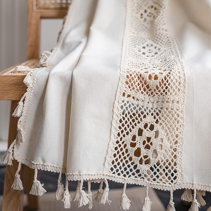 Sutuo Home Boho Curtains Crochet Lace Patchwork Semi-Blackout Bohemian Handmade Tassels, Rod Pocket Window Treatment Vintage Rustic Farmhouse Drapes for Living Bedroom, 1 Panel 59" W x 84" L, Beige