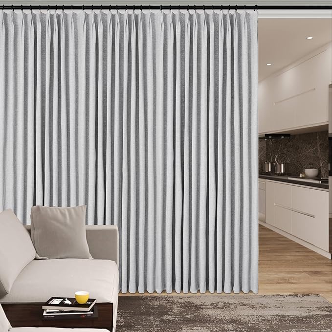100% Blackout Linen Textured Drapes for Bedroom Pinch Pleated Curtains for Track System Portable Drapery for Sliding Glass Door/Storage/Space Room Divider, 70" Wx84 L, 1 PC, Silver Grey