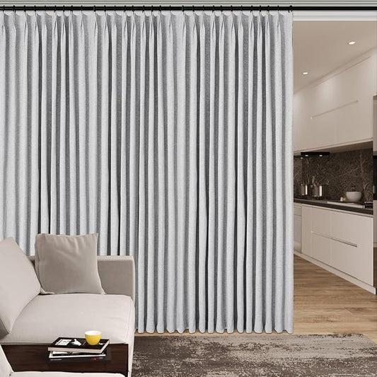 100% Blackout Linen Textured Drapes for Bedroom Pinch Pleated Curtains for Track System Portable Drapery for Sliding Glass Door/Storage/Space Room Divider, 70" Wx84 L, 1 PC, Silver Grey