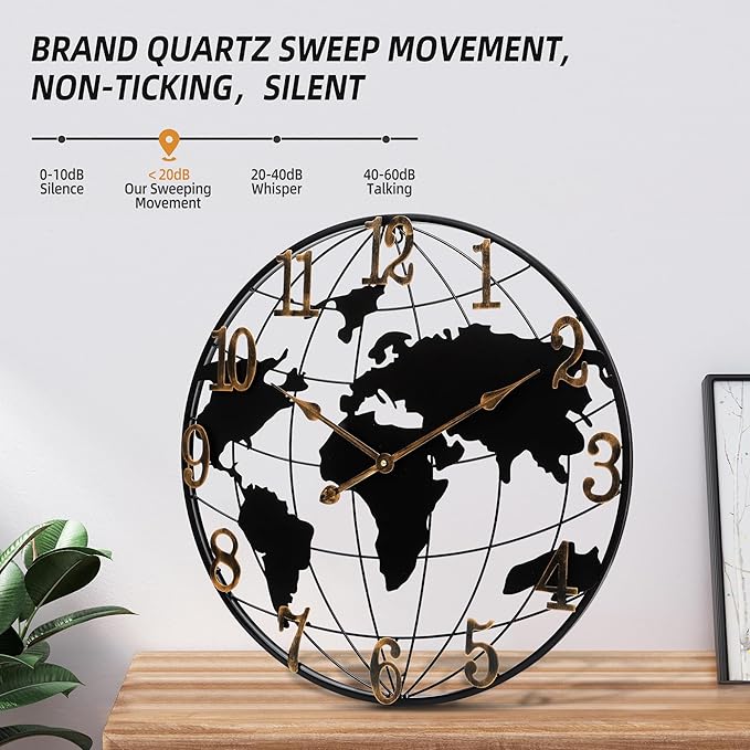 Large Round Metal World Map Clock - 16 Inch Minimalist Modern Silent Non-Ticking Battery Operated Wall Clock for Living Room, Kitchen, Office, Farmhouse Home Decor