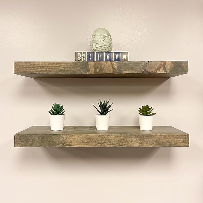URBANDI, Rustic Floating Shelves, Set of 2, Hidden Bracket, Solid Wood, Heavy Duty, Wall Mounted Shelves, (Grey, 12Wx10D)