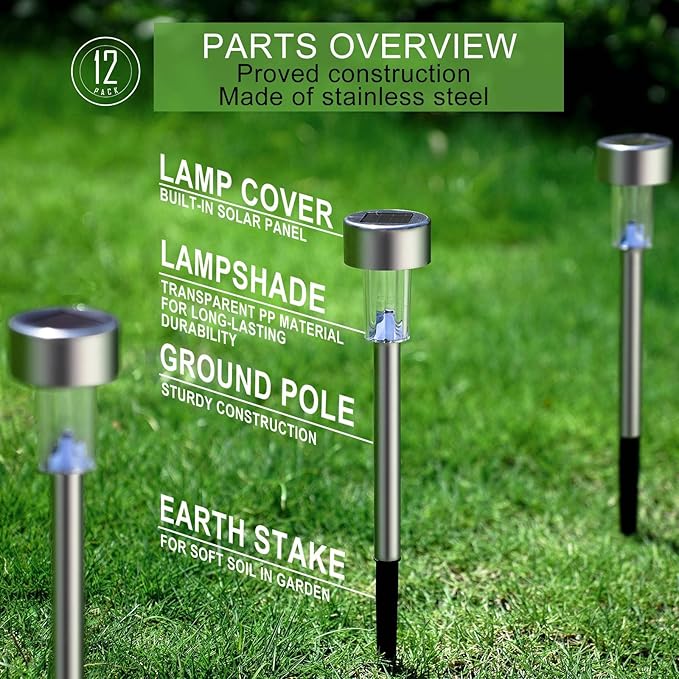 Solar Lights Outdoor Waterproof, Stainless Steel LED Landscape Lighting, Solar Garden Lights Solar Powered, Outdoor Solar Lights for Yard, Pathway, Walkway, Patio , Lawn - 12 Pack ( Cold White )
