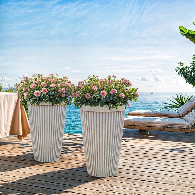 20" Resin Tall Planters for Outdoor Plants, Set of 2 Vintage Gray Large Flower Pots with Handmade Fluted Texture, Heavy-Duty and Weather-Resistant for Year Round Indoor Outdoor use