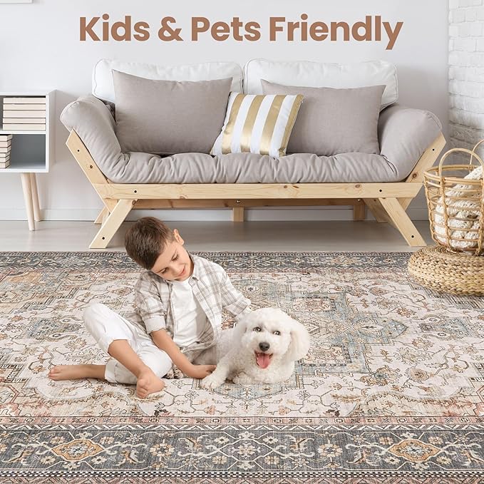 Washable Area Rugs for Living Room - 10x12 Neutral Vintage Distressed Floral Farmhouse Boho Large Soft Floor Rug Indoor Non Slip Carpet for Living Room Bedroom Dining Room Office - Forest Green Orange